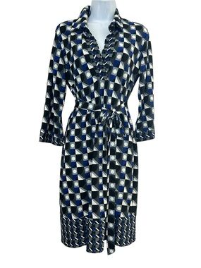 Laundry Shelli Segal Vtg Y2K Geometric Shirt Dress 8 Navy Black Lorelei Gilmore